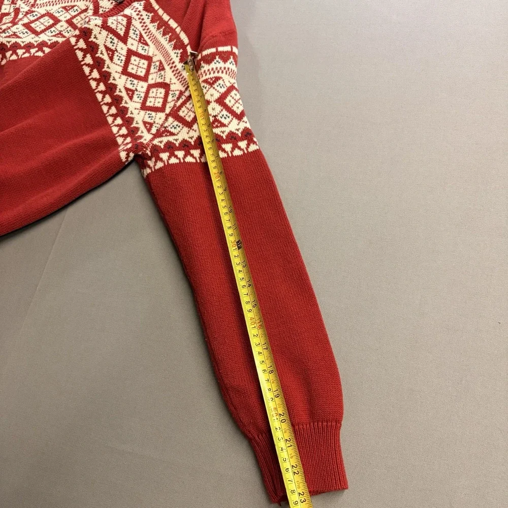 St Johns Bay Mens Large Red Fair Isle Nordic Quarter Zip Cotton Sweater